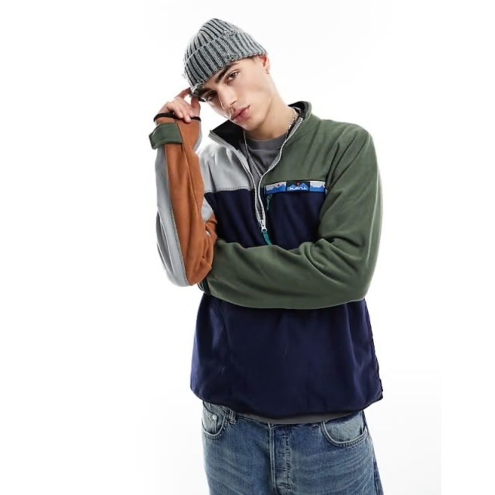KAVU Mens Small Colorblock Fleece Quarter Zip Pullover Navy Green Grey